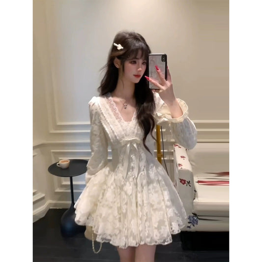 Sweet and elegant lace waist-cinching dress for girls, princess-style puffy short skirt G002