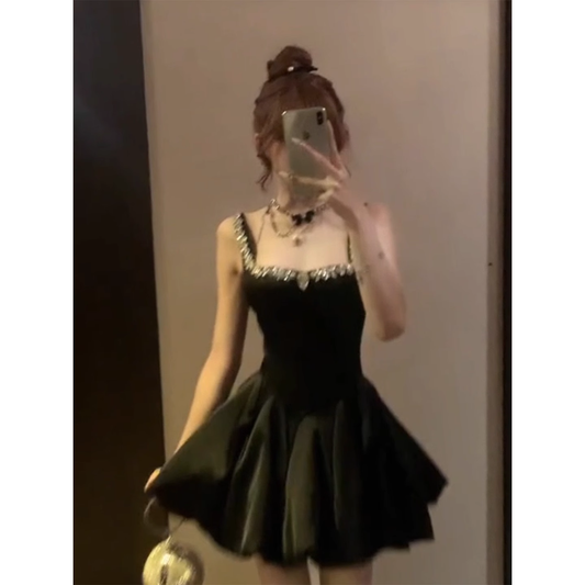 Square neck slip dress for women's day parties, little black dress  G052