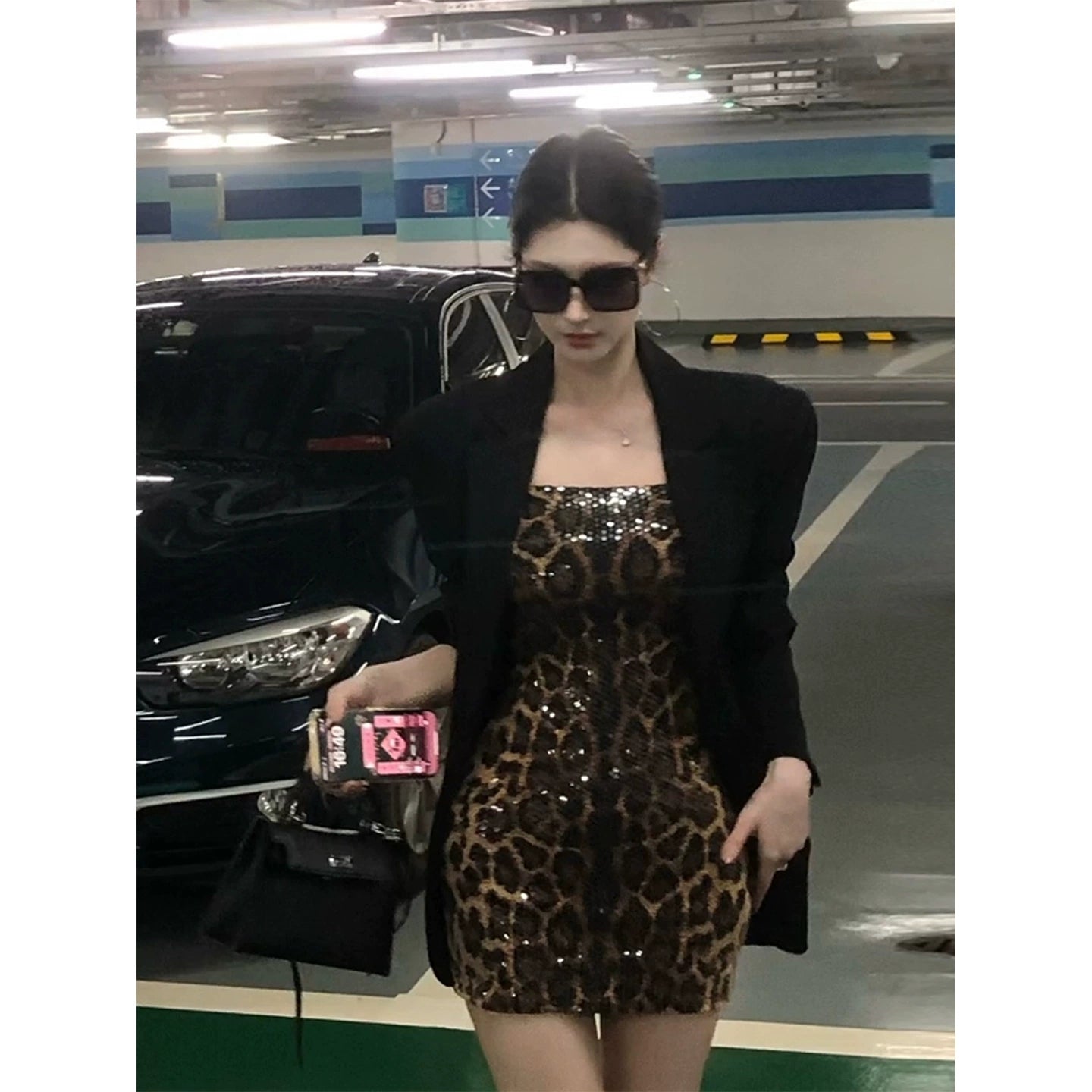Sequined leopard print bodycon skirt and blazer two-piece set G027