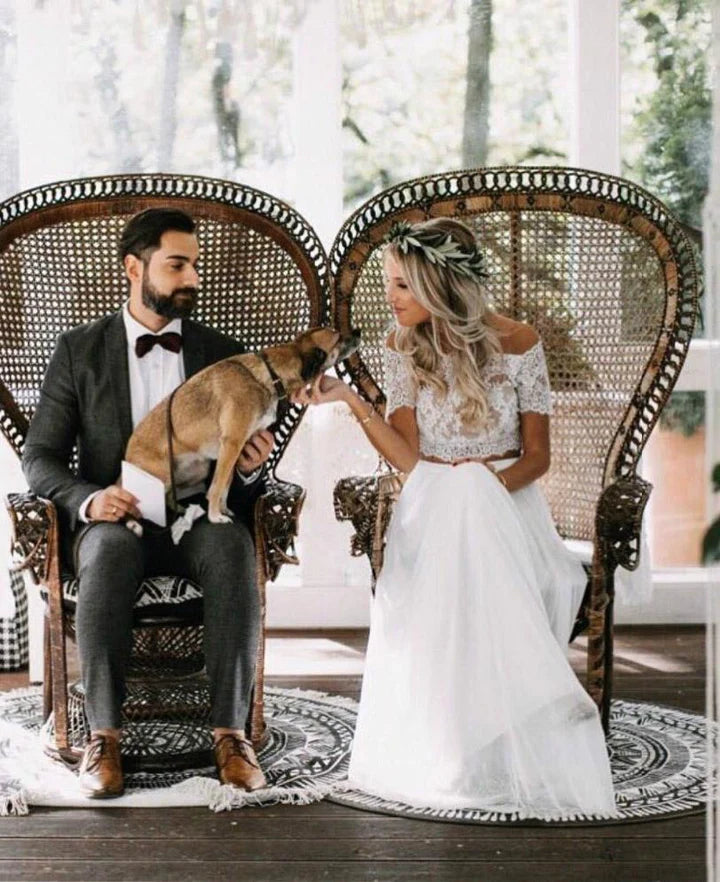 Boho Chic Lace Crop Chiffon Prom Dresses Two Piece Boho Wedding Dresses   cg9947