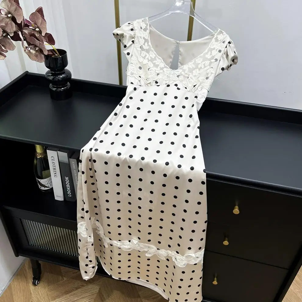 Lace Patchwork Satin Polka Dot A-Line Maxi Dress for Women Elegant Chic Birthday Party Outfit Evening Dress    cg25820