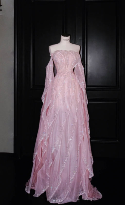 Sweet Strapless Sheath Long Prom Dresses Tulle Pink Evening Dresses cg26123