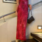 Elegant V-Neck Rose Print Dress Women Sleeveless Evening Party Vintage Evening Dress  cg25380