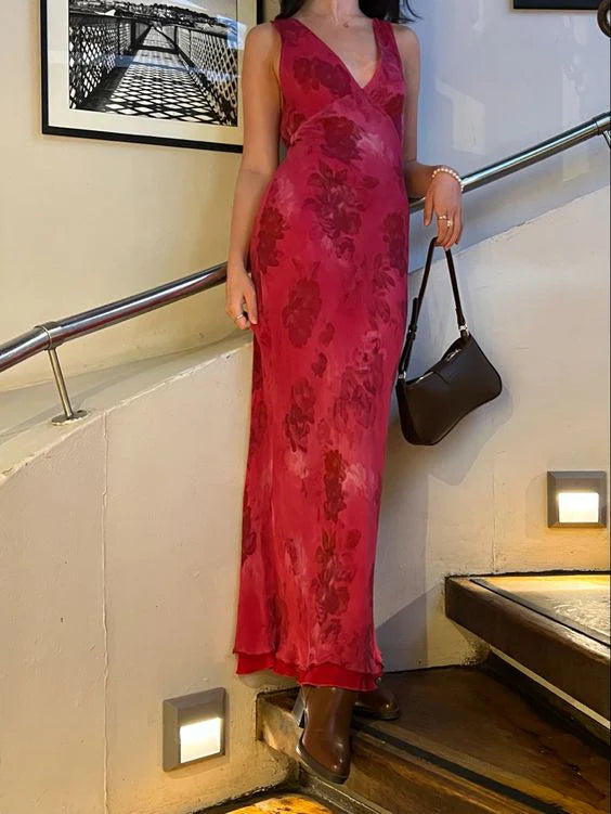 Elegant V-Neck Rose Print Dress Women Sleeveless Evening Party Vintage Evening Dress  cg25380