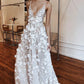 A-Line Floral Applied Long Prom Dress With Illusion V Neck        cg22787