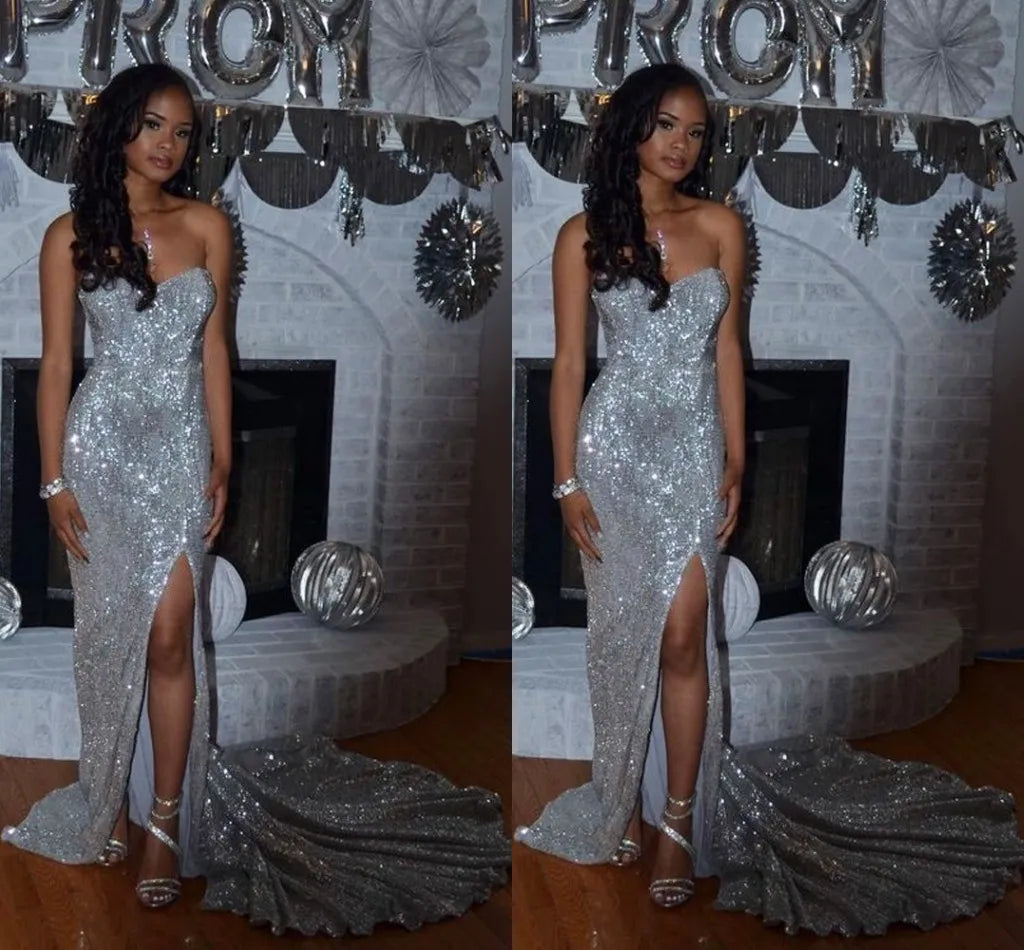 Sexy Mermaid Sweetheart Sweep Train Silver Sequined Prom Dress with Split, Long Prom Dress   cg17222