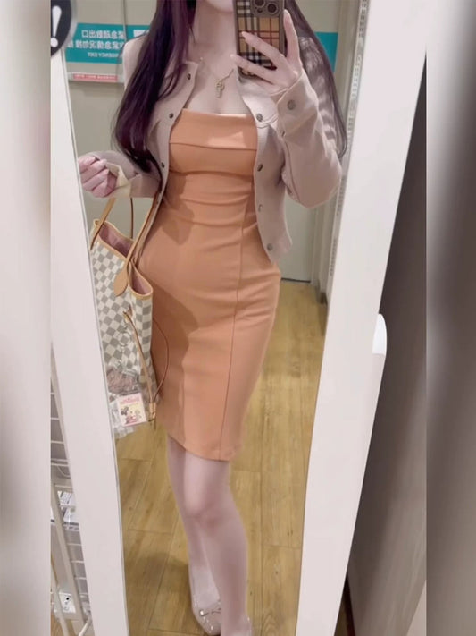 Slim-fitting, waist-cinching strapless dress with knitted cardigan outfit  G036