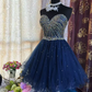 Sparkly Sweetheart Neck Blue Tulle Beaded A Line Short Prom Dress Formal Homecoming Dress cg26136