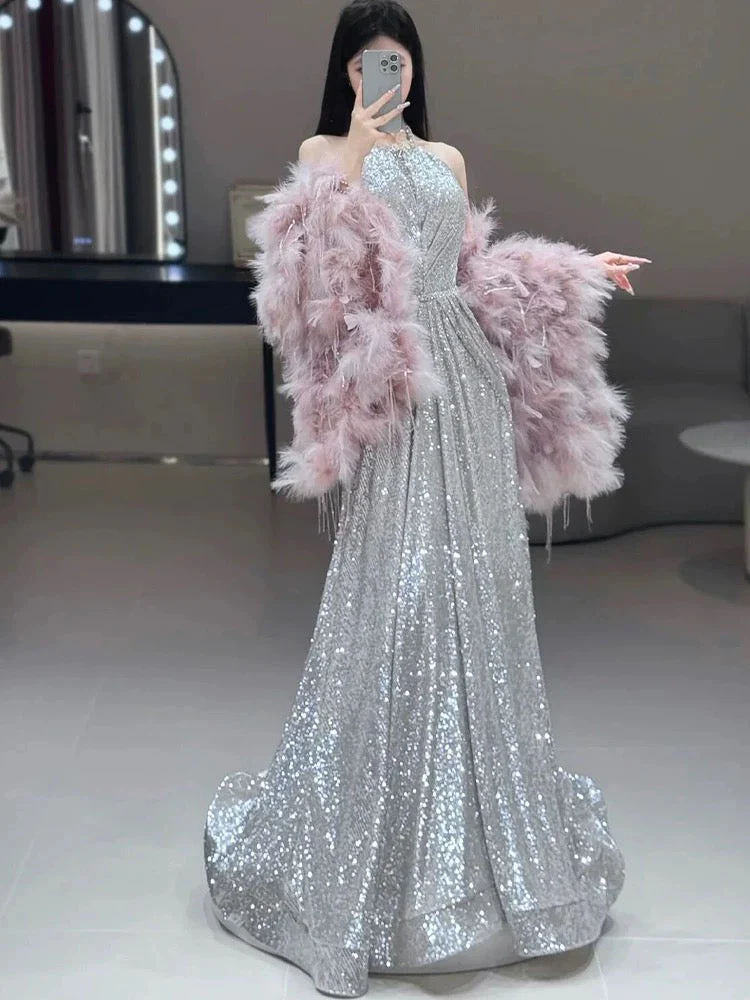 A Line High Neckline Silver Sequin Long Evening Dress Prom Dresses Birthday Outfits  cg26198