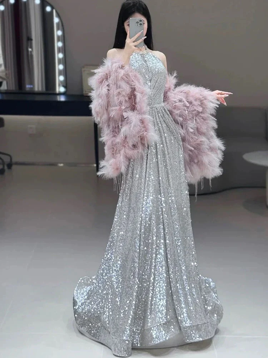 A Line High Neckline Silver Sequin Long Evening Dress Prom Dresses Birthday Outfits  cg26198