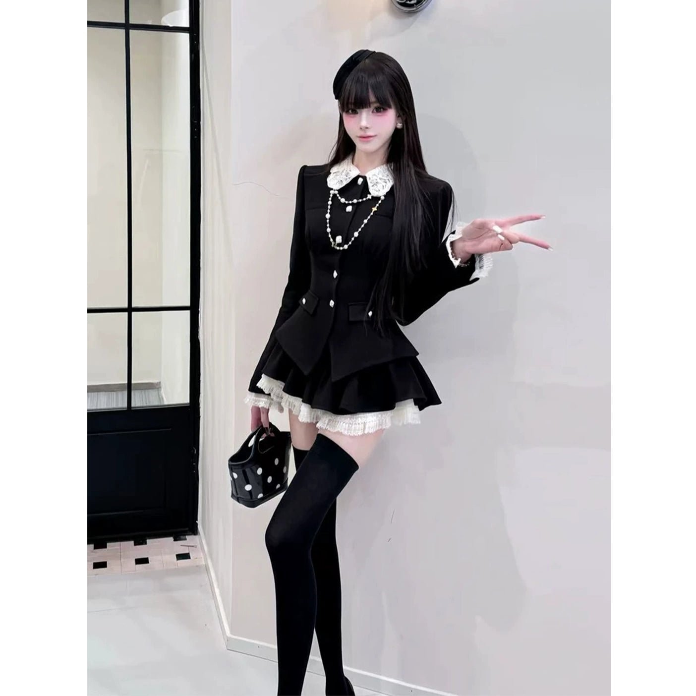 Women's Spring Patchwork Suit Jacket and Pleated Skirt Set  G016