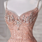 Pink Tulle Sequins Beaded Prom Dress Spaghetti Straps A Line Evening Dress cg26239