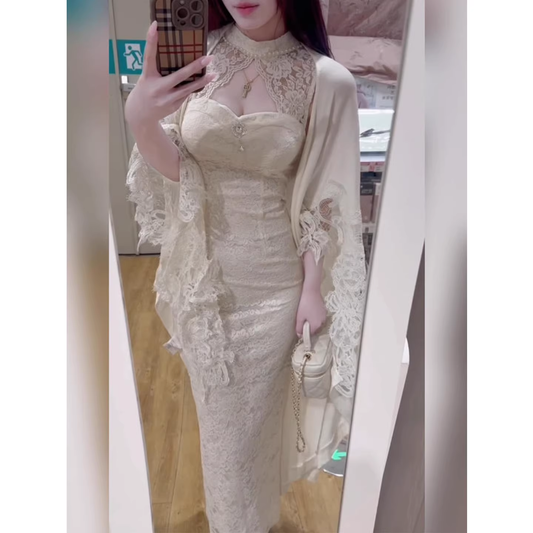 Lace halter neck cheongsam dress cardigan set  G051