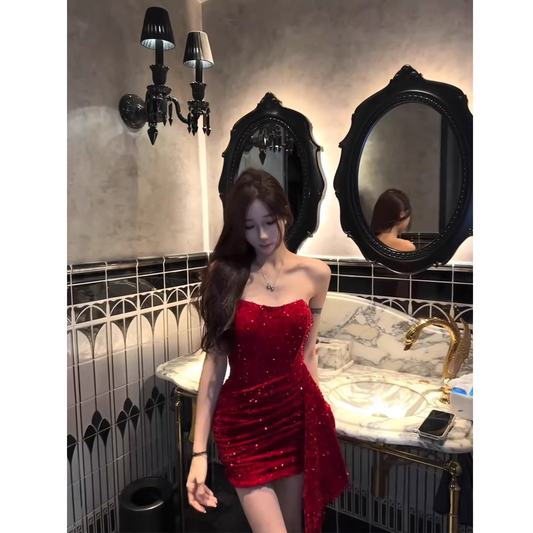 Sexy strapless sequined dress, fitted gown, bodycon mini skirt  G063