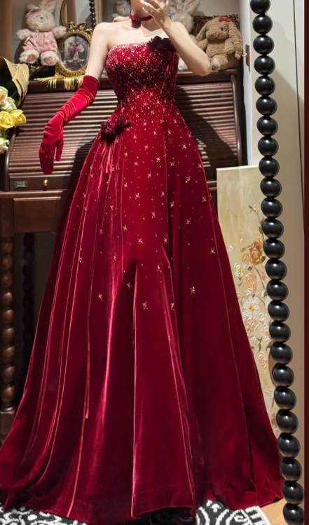 Burgundy Velvet Prom Party Dress With Gloves Birthday Party Dress With Beads    cg26312