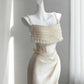 Timeless Ivory Satin Prom Dress Spaghetti Straps Pearls Sheath Evening Dress CY0004