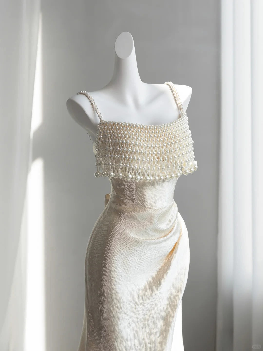 Timeless Ivory Satin Prom Dress Spaghetti Straps Pearls Sheath Evening Dress CY0004