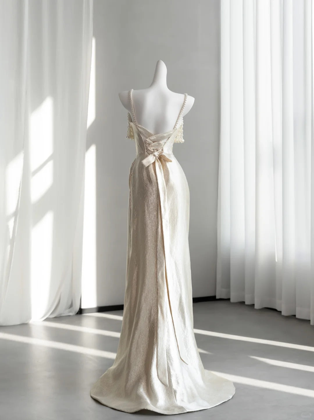 Timeless Ivory Satin Prom Dress Spaghetti Straps Pearls Sheath Evening Dress CY0004