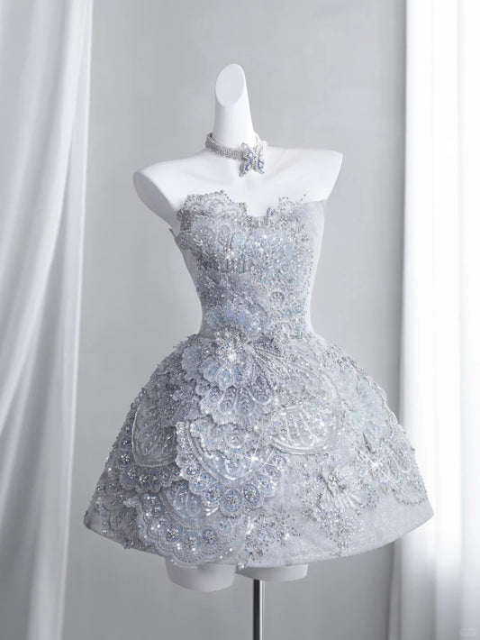 Gittering Light Blue Mini Dress Strapless Party Dress Sequins A-Line Homecoming Dress CY0006