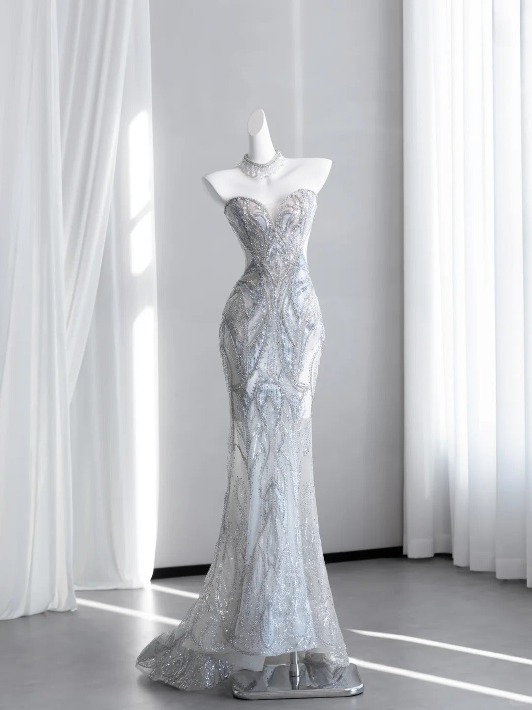 Ethereal Strapless Light Blue Prom Dress Beading Sequins Mermaid Evening Dress CY0008
