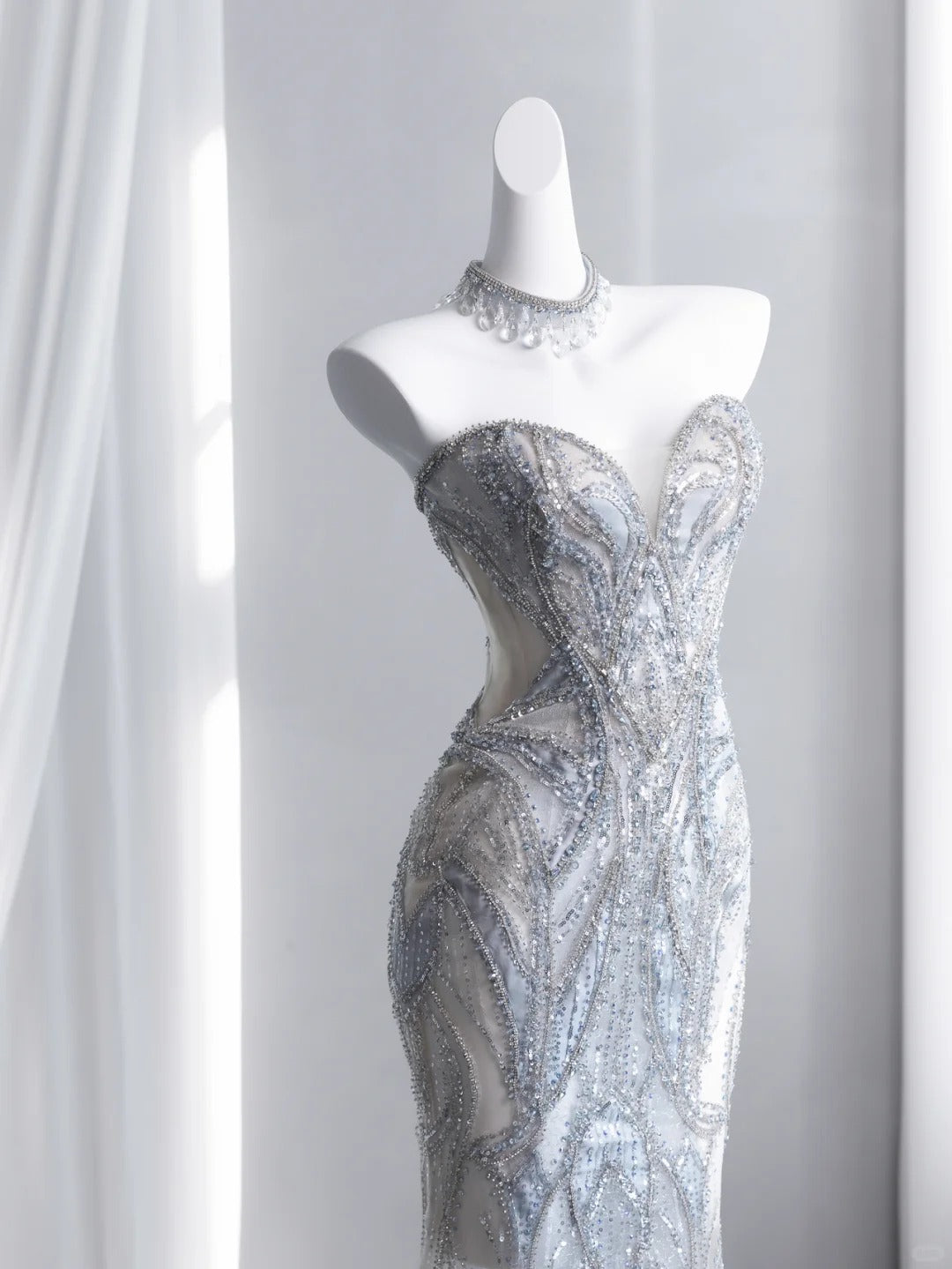 Ethereal Strapless Light Blue Prom Dress Beading Sequins Mermaid Evening Dress CY0008