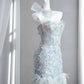 Adorable Light Blue Mini Dress Strapless Sheath Party Dress Beading Feather Homecoming Dress CY0010