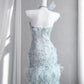 Adorable Light Blue Mini Dress Strapless Sheath Party Dress Beading Feather Homecoming Dress CY0010