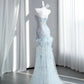 Adorable Light Blue Mini Dress Strapless Sheath Party Dress Beading Feather Homecoming Dress CY0010