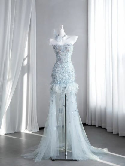 Adorable Light Blue Mini Dress Strapless Sheath Party Dress Beading Feather Homecoming Dress CY0010