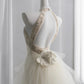 Elegant Halter Neck White Prom Dress 3D Appliques Satin Mermaid Evening Dress CY0011