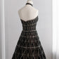 Chic Strapless A-Line Prom Dress Black Plaid Sequins Evening Dress CY0013