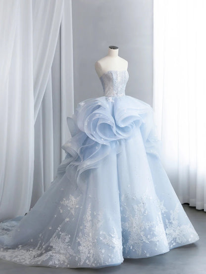 Vogue Strapless Blue Sweet 16 Dress Ruffles Appliques Sequins A-Line Party Dress CY0015