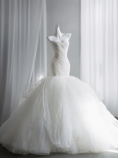 Alluring White Tulle Wedding Dress Strapless Mermaid Bridal Gowns CY0017