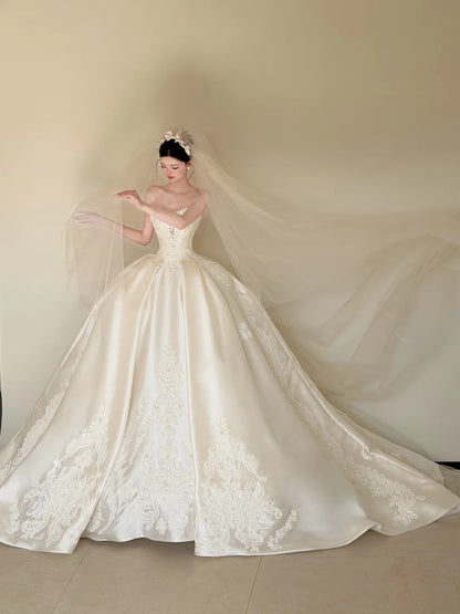 Glam Strapless A-Line Satin Wedding Dress Sequins Appliques Bridal Gowns CY0018