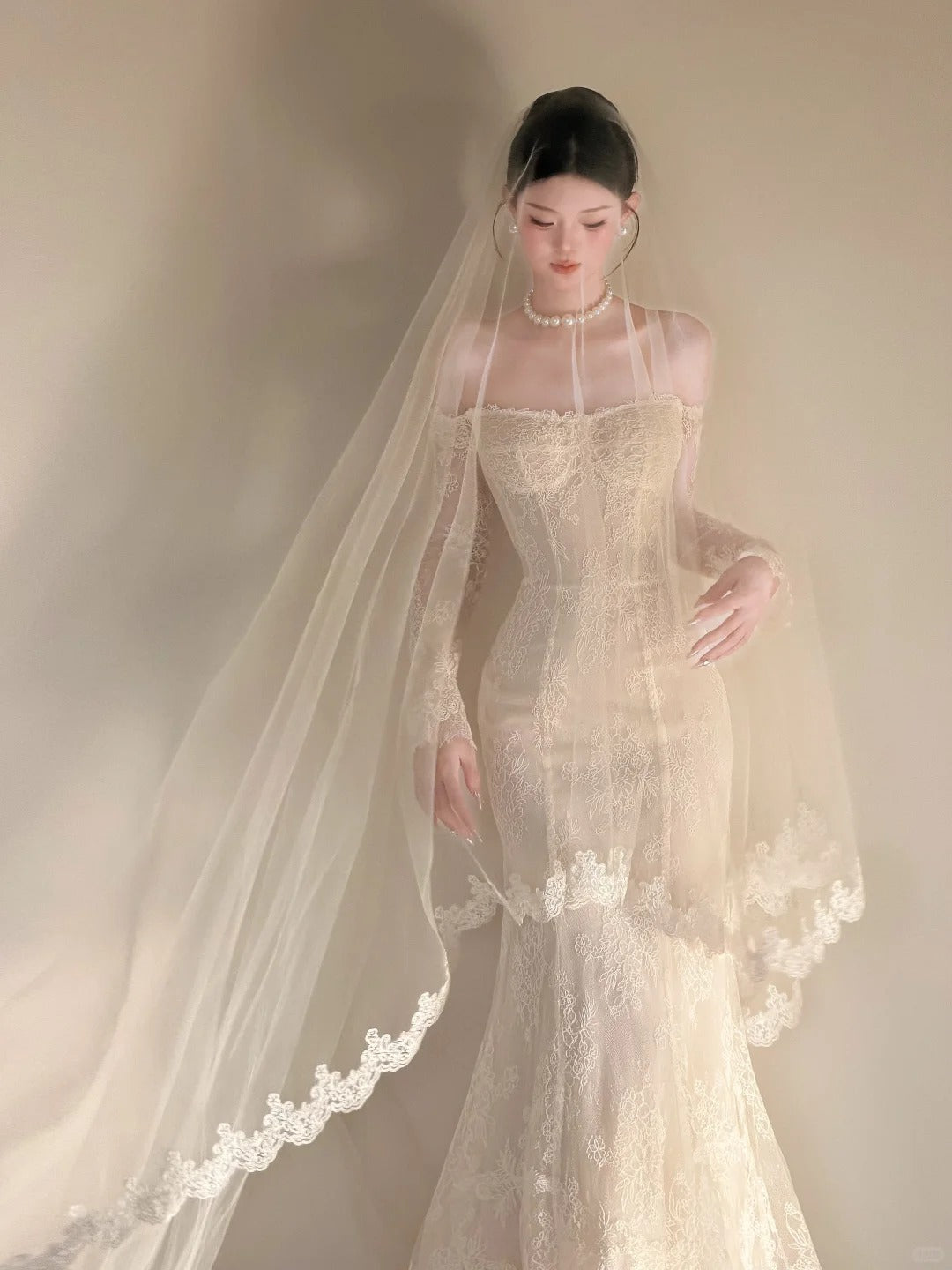 Gorgeous Long Sleeve Wedding Dress Lace Off-the-Shoulder Mermaid Bridal Dress CY0021