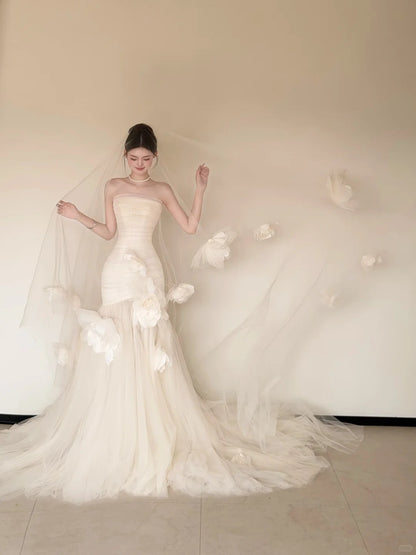 Boho-Style Long Sleeve Ivory Wedding Dress Tulle Mermaid Bridal Dress CY0022