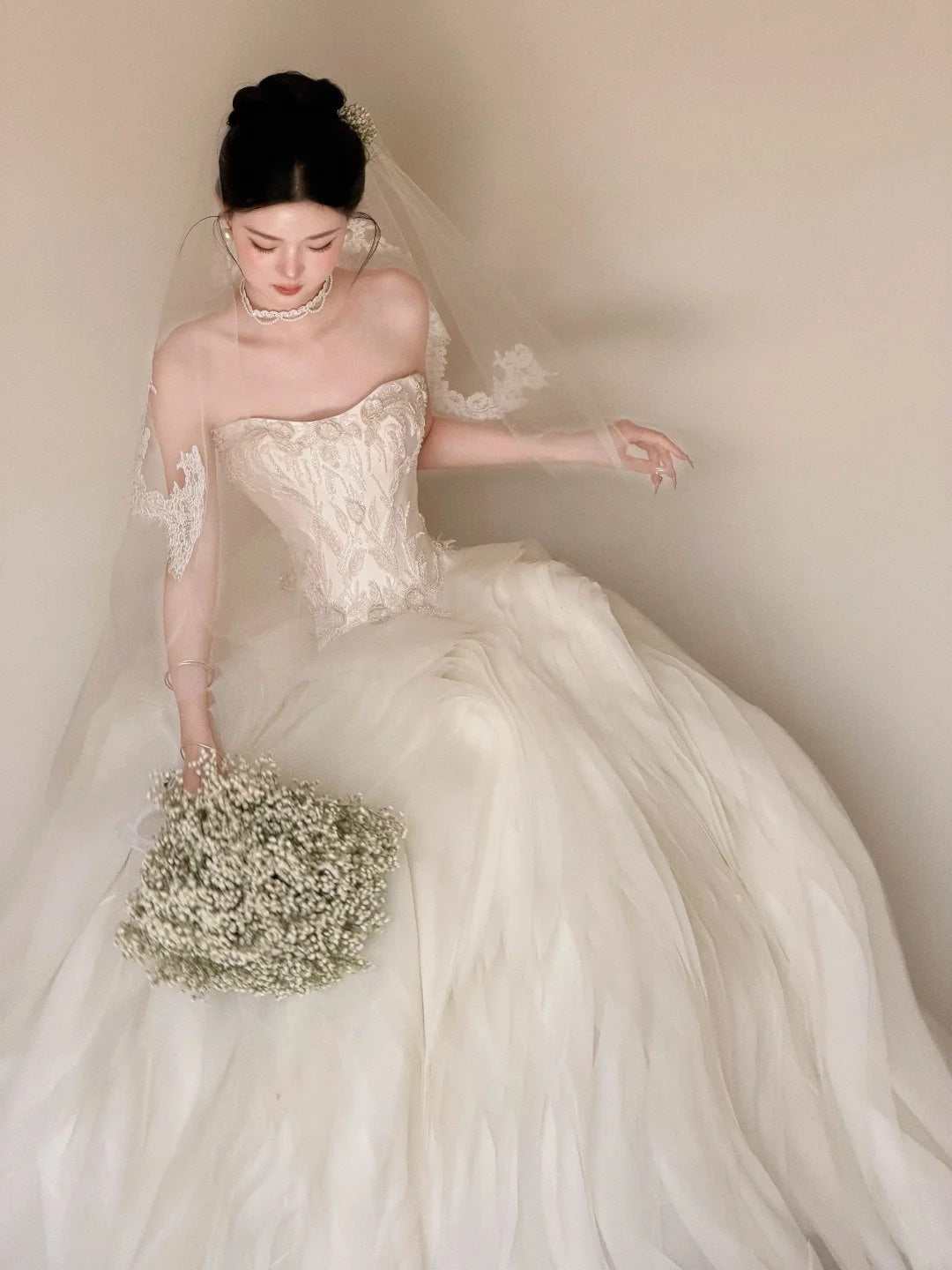 Romantic A-Line Ruffled Wedding Dress Ideas Strapless Sequins Bridal Gowns CY0023