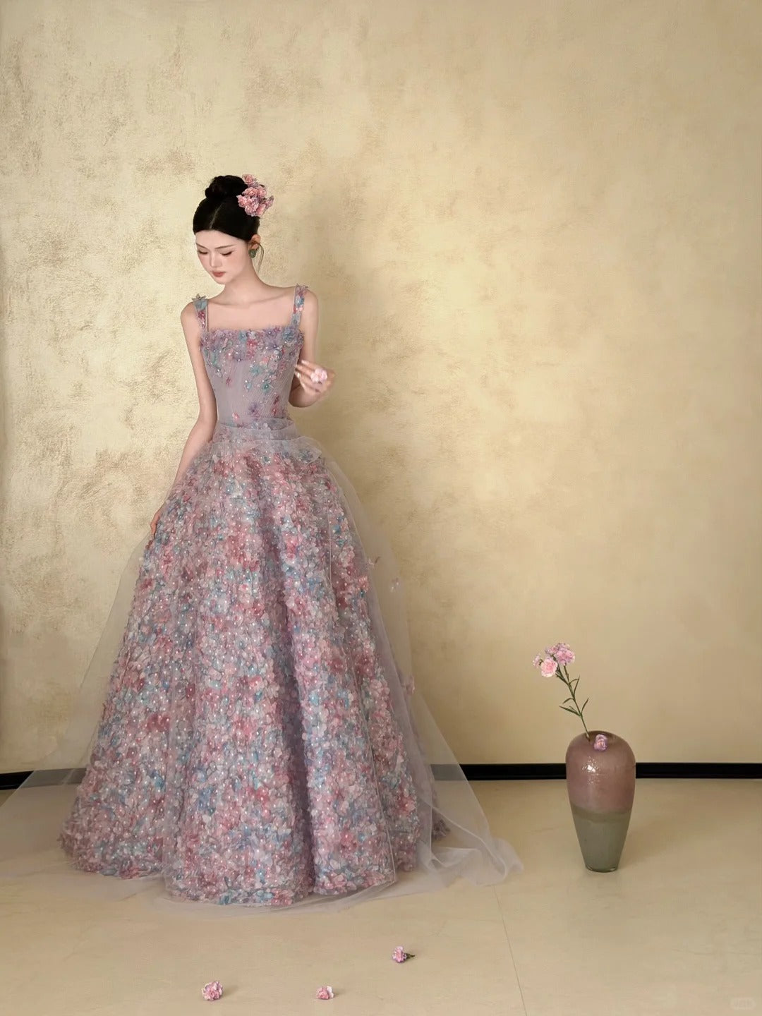 Ornate Spaghetti Straps Purple Sweet 16 Dress 3D Floral A-Line Party Dress CY0025