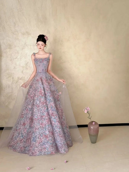Ornate Spaghetti Straps Purple Sweet 16 Dress 3D Floral A-Line Party Dress CY0025