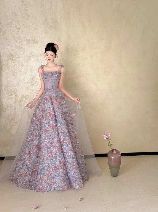 Ornate Spaghetti Straps Purple Sweet 16 Dress 3D Floral A-Line Party Dress CY0025