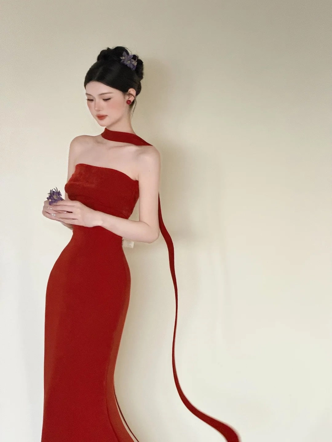Simple Strapless Red Prom Dress With Scarf Mermaid Evening Dress CY0026