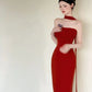 Simple Strapless Red Prom Dress With Scarf Mermaid Evening Dress CY0026