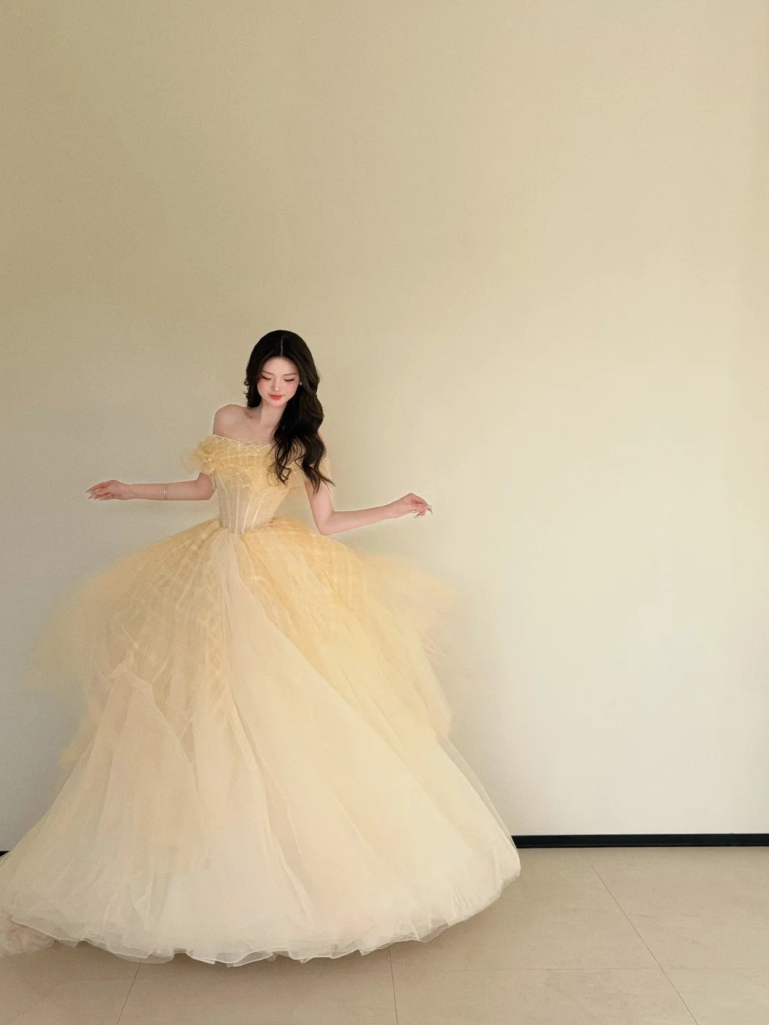 Enchanting Off-the-Shoulder Yellow Sweet 16 Dress Tulle A-Line Long Evening Gowns CY0031