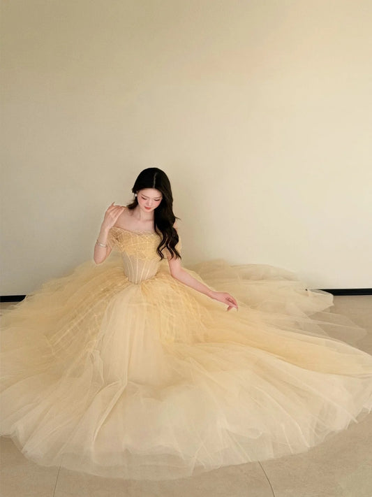 Enchanting Off-the-Shoulder Yellow Sweet 16 Dress Tulle A-Line Long Evening Gowns CY0031