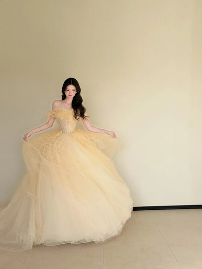 Enchanting Off-the-Shoulder Yellow Sweet 16 Dress Tulle A-Line Long Evening Gowns CY0031