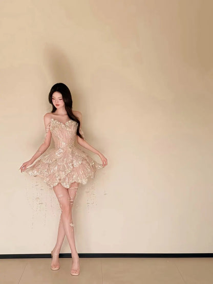 Luxurious Off-the-Shoulder A-Line Homecoming Dress Sequins Tassel Tiered Mini Dress CY0032