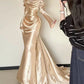 Sleek Off-the-Shoulder Ruched Gold Prom Dress Long Sleeve Mermaid Evening Dress CY0034