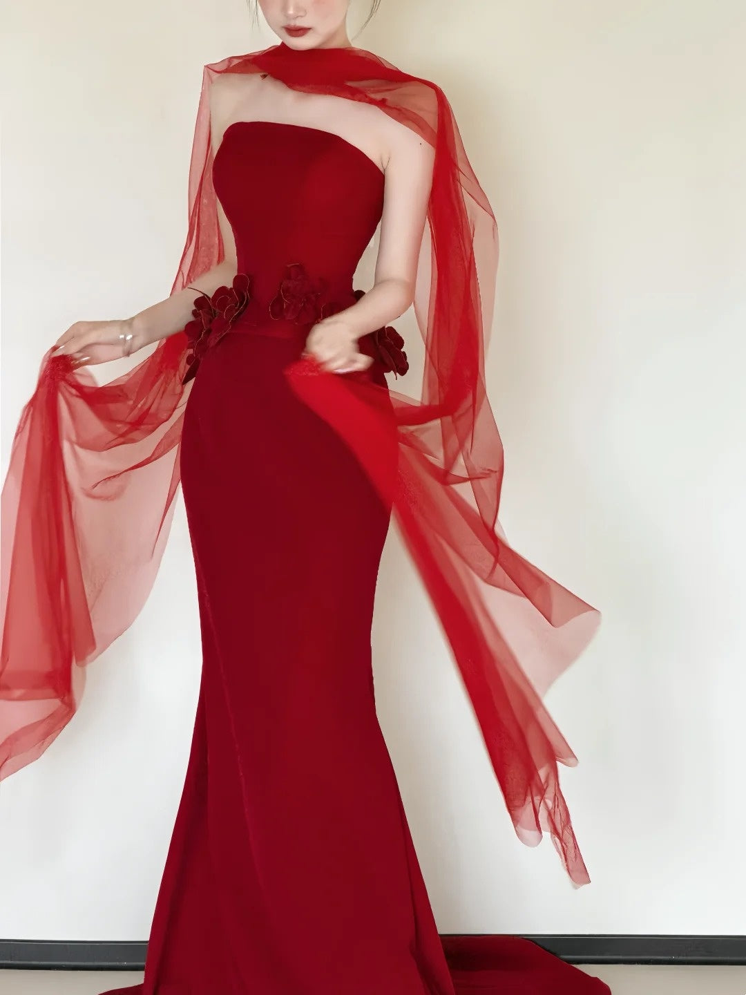 Modern Strapless Red Prom Dress With Scarf Appliques Mermaid Evening Dress CY0036