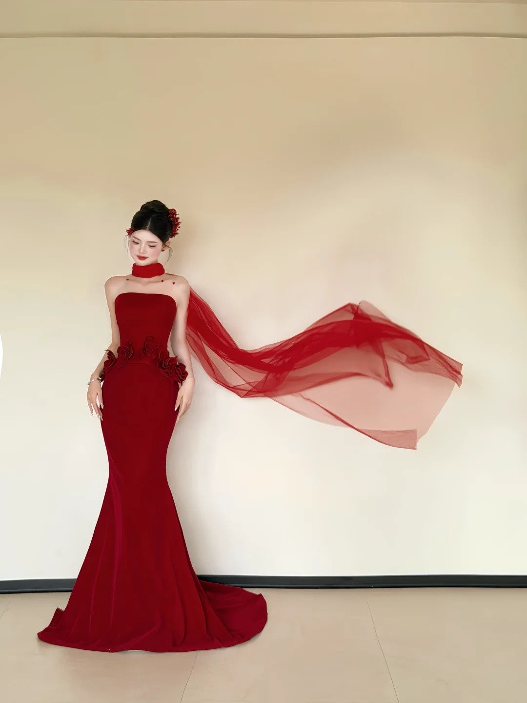 Modern Strapless Red Prom Dress With Scarf Appliques Mermaid Evening Dress CY0036