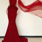 Modern Strapless Red Prom Dress With Scarf Appliques Mermaid Evening Dress CY0036